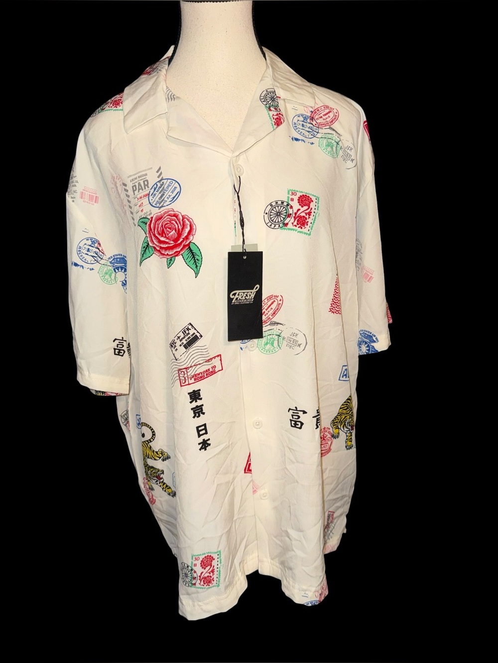 Fresh Prints of Bel-Air Drill Clothing Co Shirt L NWT Tiger Rose Travel Stamp